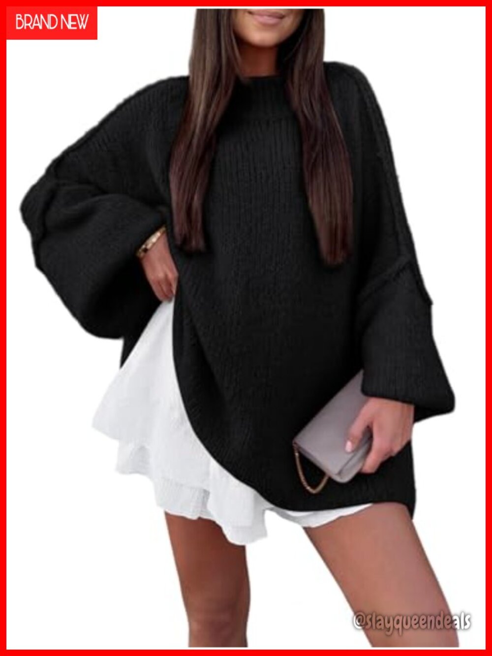 Oversized Mock Neck Batwing Chunky Knit Pullover Sweater